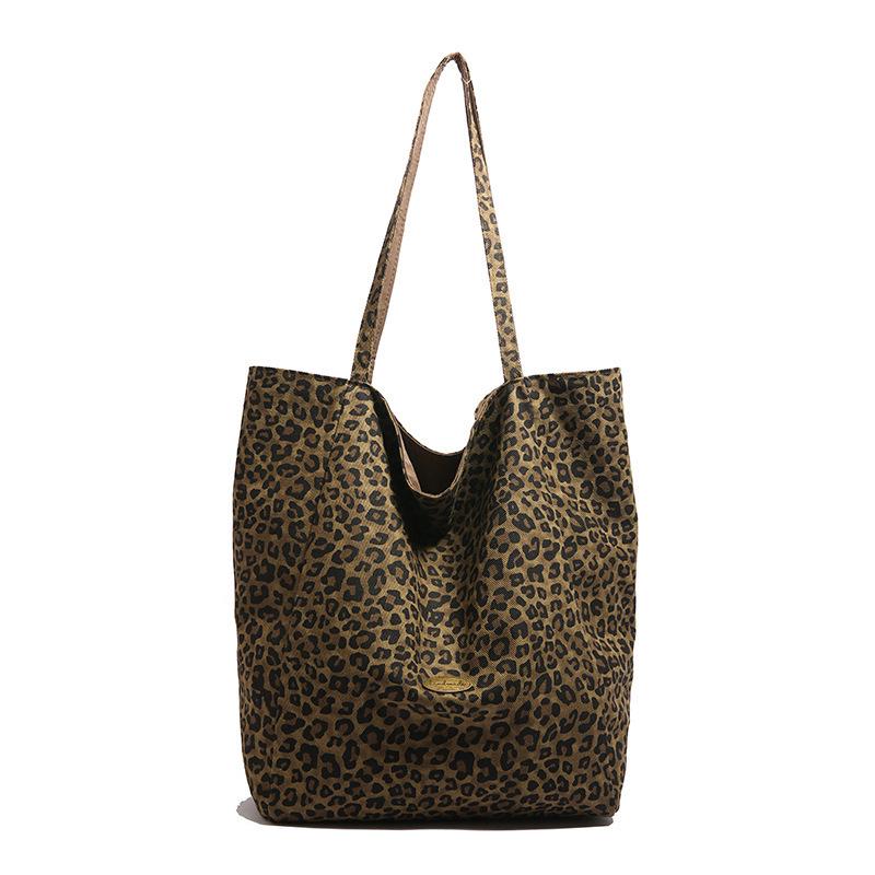 Leopard Print Double-Sided Canvas Tote - Large Capacity College Style Shoulder Bag