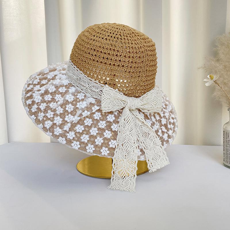 Summer lace floral bow hollow sun hat children vacation beach photo senior sun hat straw hat