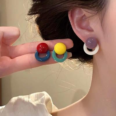 French Style Y2k Candy Color Round Circle Stud Color-blocking for Women Design Resin Geometric Vacation Style Earrings Jewelry