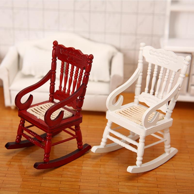 1/12 Toy Model Rocking Chair Pretend for Play Toy Mini Wooden Chair White/Red Role for Play Accessory DIY for Doll House