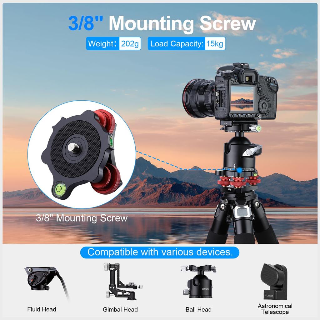 Leftfoto Tripod Leveler Base with /-5 Degree Precision Adjustment 3/8 Inch Screw Bubble Levels Aluminum Panoramic Leveling Head for Seestar S50