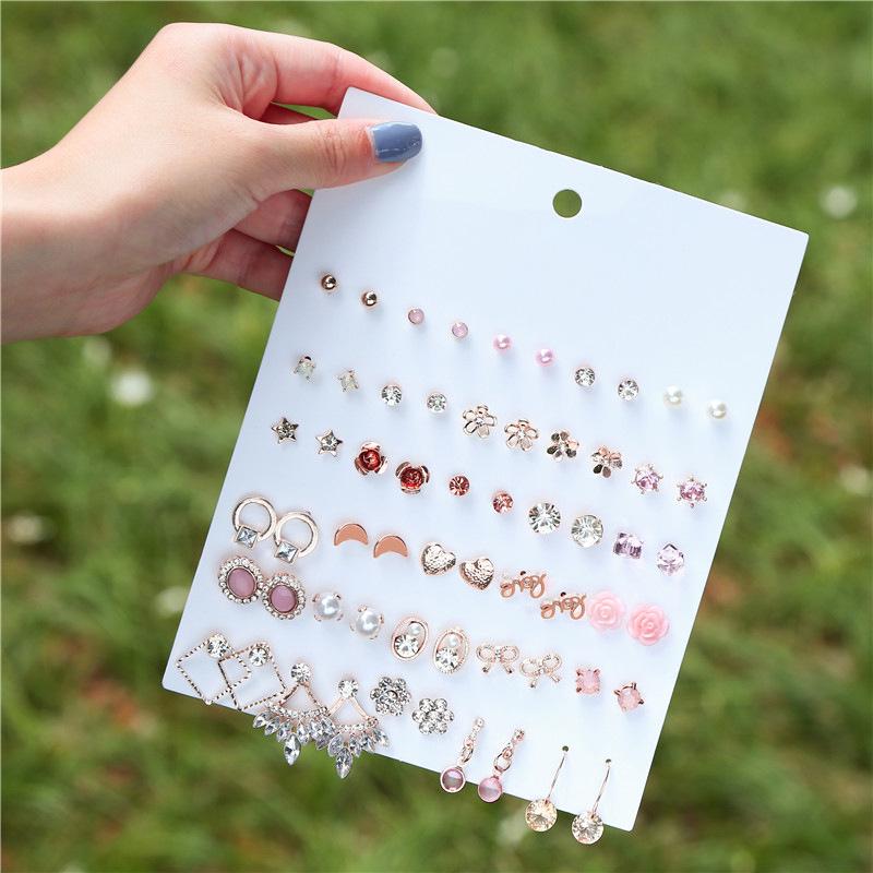 Korean Rhinestone Flower & Pearl Stud Earrings Set: 30 Pairs with Geometric, Heart, and Bow Designs