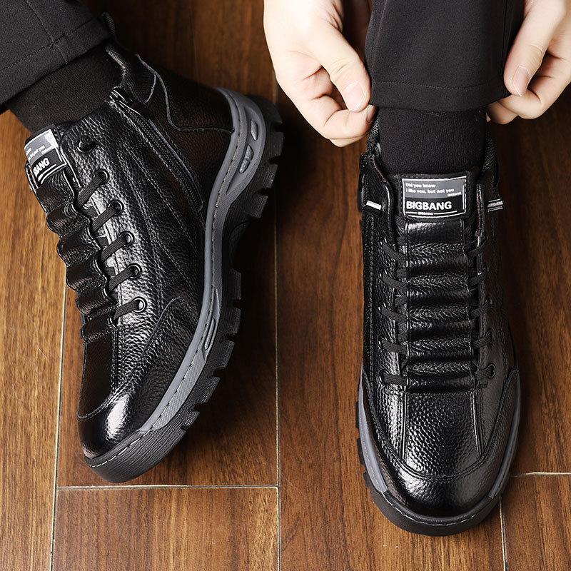 Winter men's shoes genuine leather high-top men's velvet thickened cotton shoes thick-soled men's sheepskin fur integrated shoes men's snow boots