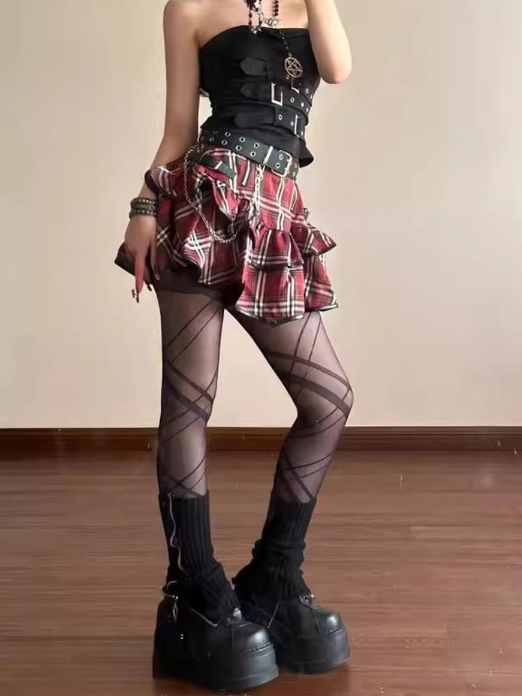 Punk Gothic Red Plaid Mini Skirt Women Vintage Y2k E-girl Emo High Waist Cake Skirt Harajuku Street Fairycore Grunge Clubwear