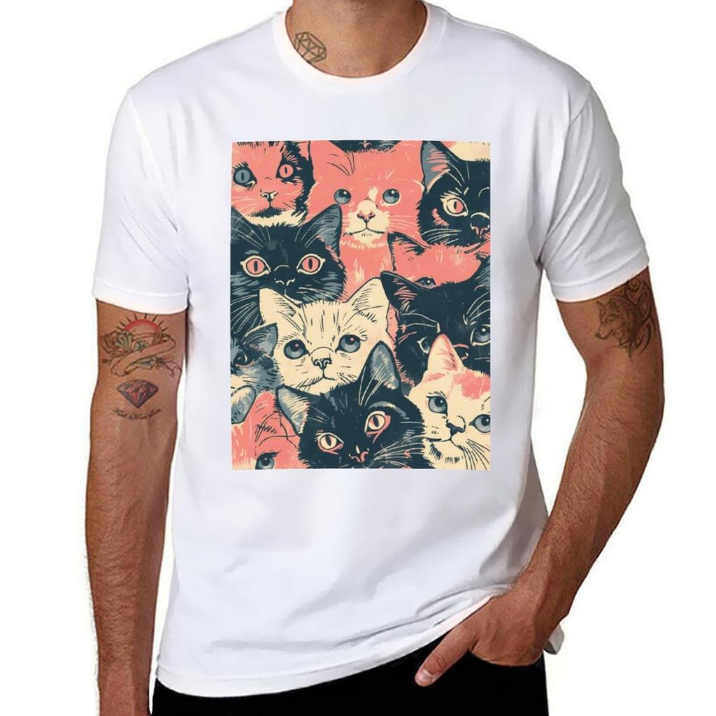 Cute Vintage Pattern Art Cats Kittens TShirt Casual Work Wear TShirt