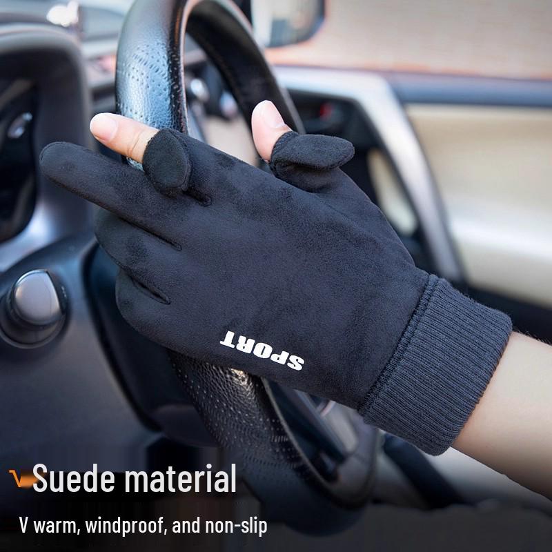 Men's Windproof Fleece-Lined Touchscreen Fingerless Gloves for Winter Cycling and Driving