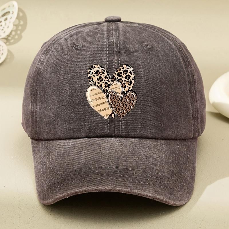 Three Leopard Print Love Pattern Women's Washed Baseball Caps, Multi-functional Dad Hat, Adjustable Sports Outdoor Cap