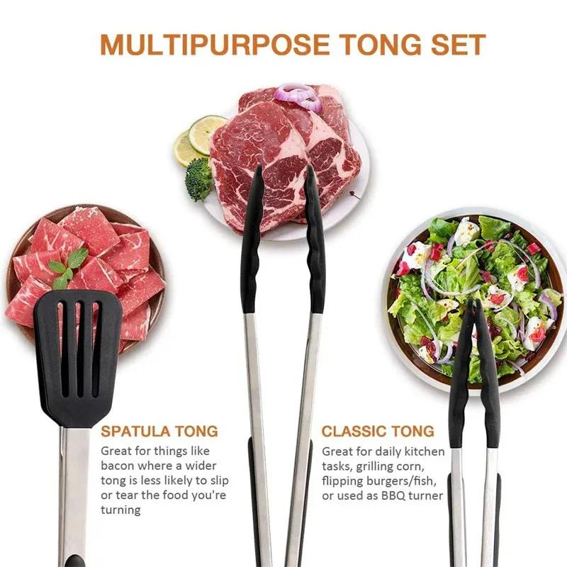Premium 3-in-1 Silicone Food Tongs - 480°F Heat Resistant Stainless Steel Kitchen Clips for BBQ & Baking