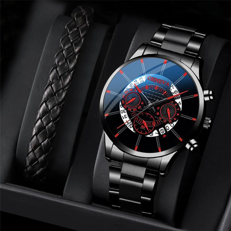 

2 шт./комплект модные классические мужские черные часы набор мужские деловые кварцевые часы из нержавеющей стали мужские наручные часы с календарем кожаный браслет