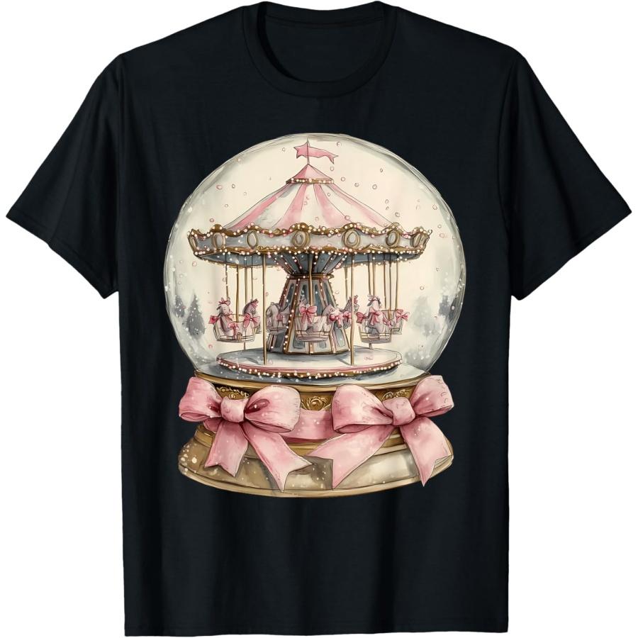 Ретро Снежный шар Карусель Розовый Кокетливый Бант Рождественский Снег Футболка S