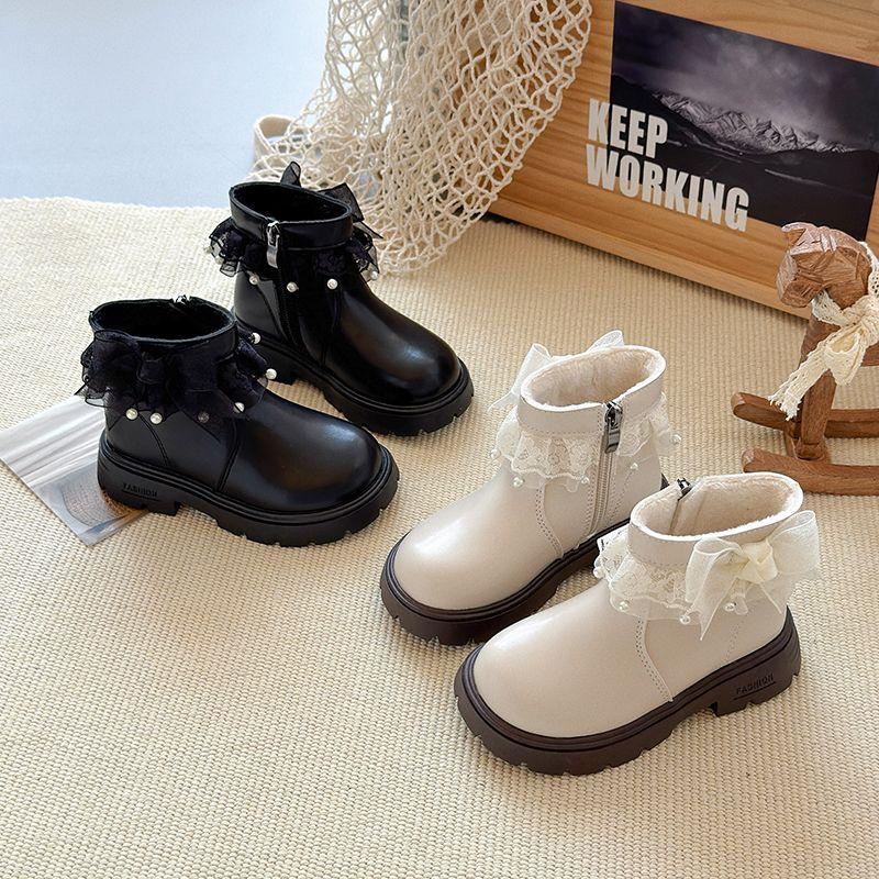 Children's Sweet Ankle Boots, Winter Girls' Fashionable Lace Bow and Fleece Boots