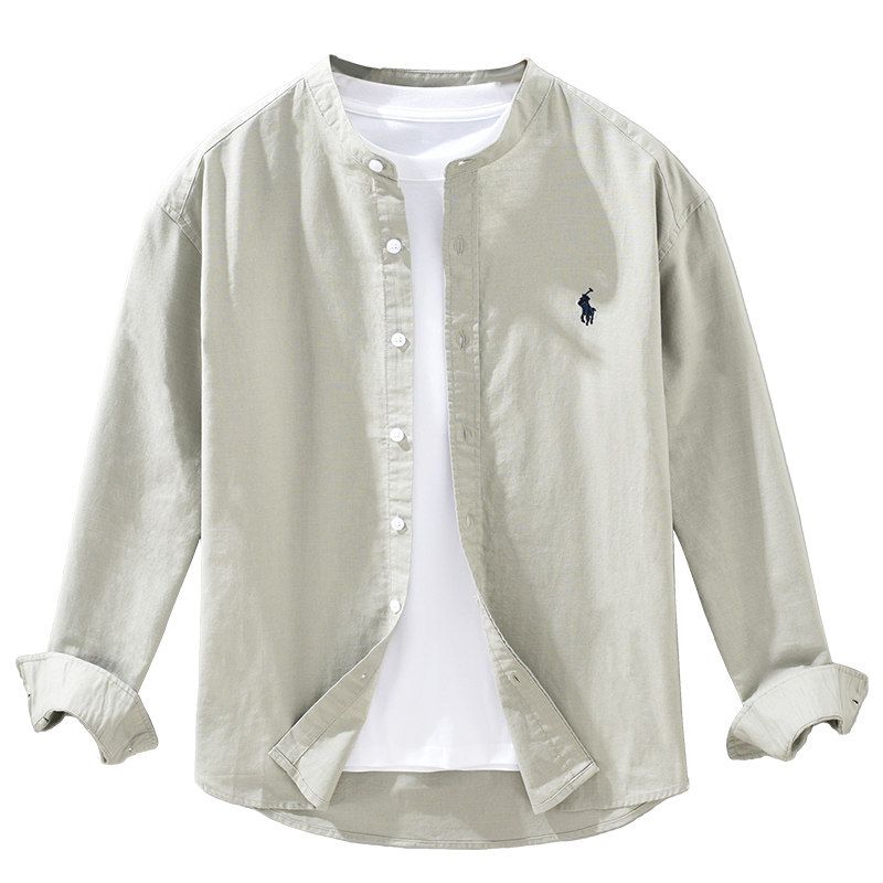 Trade Surplus Embroidered Stand-Collar Cotton-Linen Shirt for Men, Spring and Summer Long-Sleeve Loose Casual Shirt with a High-End Feel, Thin Jacket