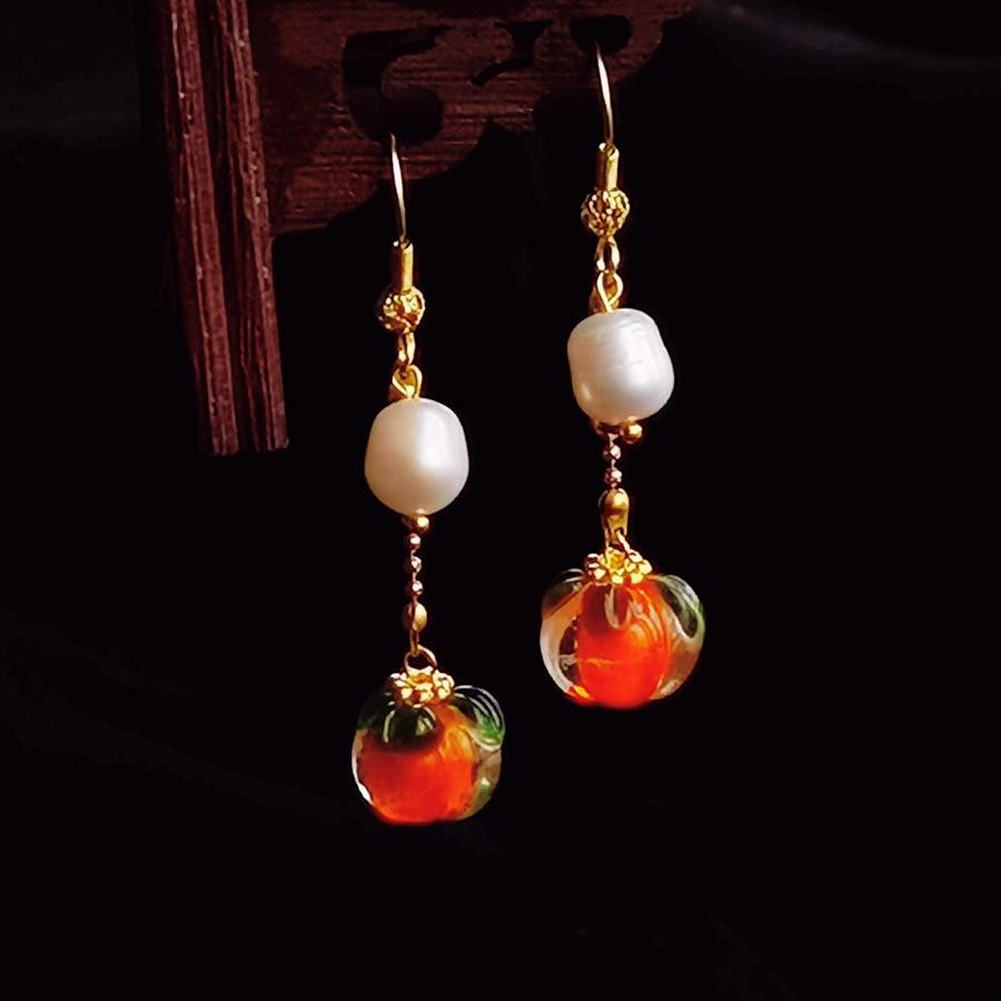 

Старинные серьги Серьги ханьфу Женские ретро-серьги с кисточками из жемчуга Cheongsam Крючок для ушей Старинные аксессуары Хурма Тыква оранжевый