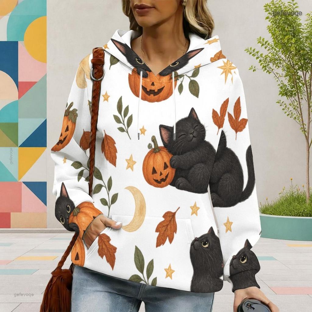 Women Plus Size White Halloween Ghost Pumpkin Printed Hoodie Long Sleeve Drawstring Hood Kangaroo Pocket Pullover