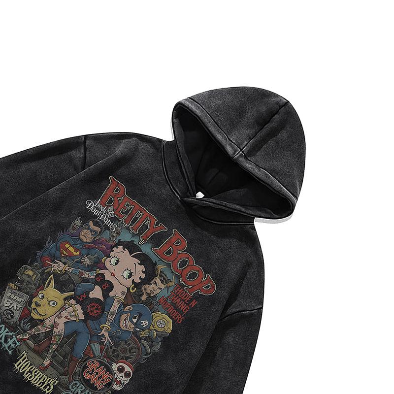 American High Street Vintage Cartoon Direct Injection Printed Hoodie Men'S And Women'S Vintage Washed Hooded Sweater Winter