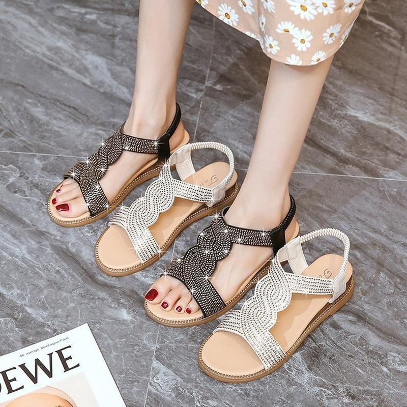 Mode 2024 Neue Sommer Damen Sandalen Sexy Schuhe Kristall Lässig Damen Flats Schnallenriemen Damenmode Strandschuh Große Größe 35-40