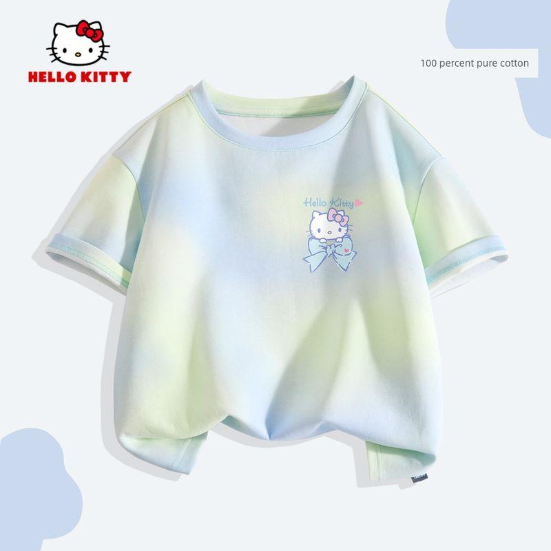 Hello Kitty Girls' Short-Sleeved T-Shirt 2026 New Pure Cotton Rainbow Kidsren's Summer Wear Tie-Dye Cute Clothes Trendy
