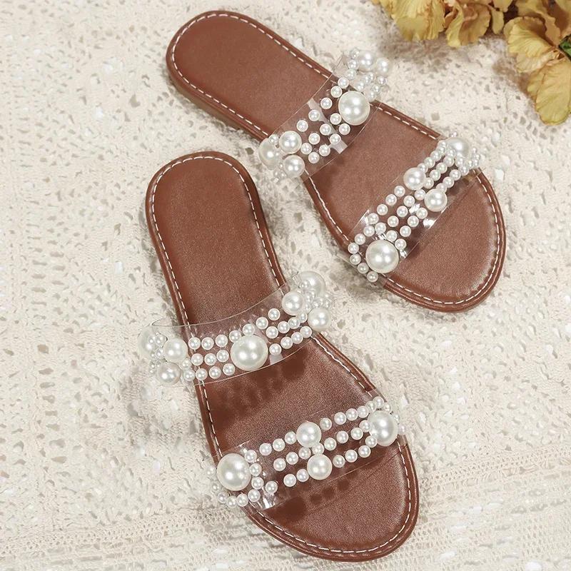 Fashion Big Size 43 Slippers for Women's Shoes Summer New Transparent Band Pearl One Word Strap Flat Sandals Casual Slides