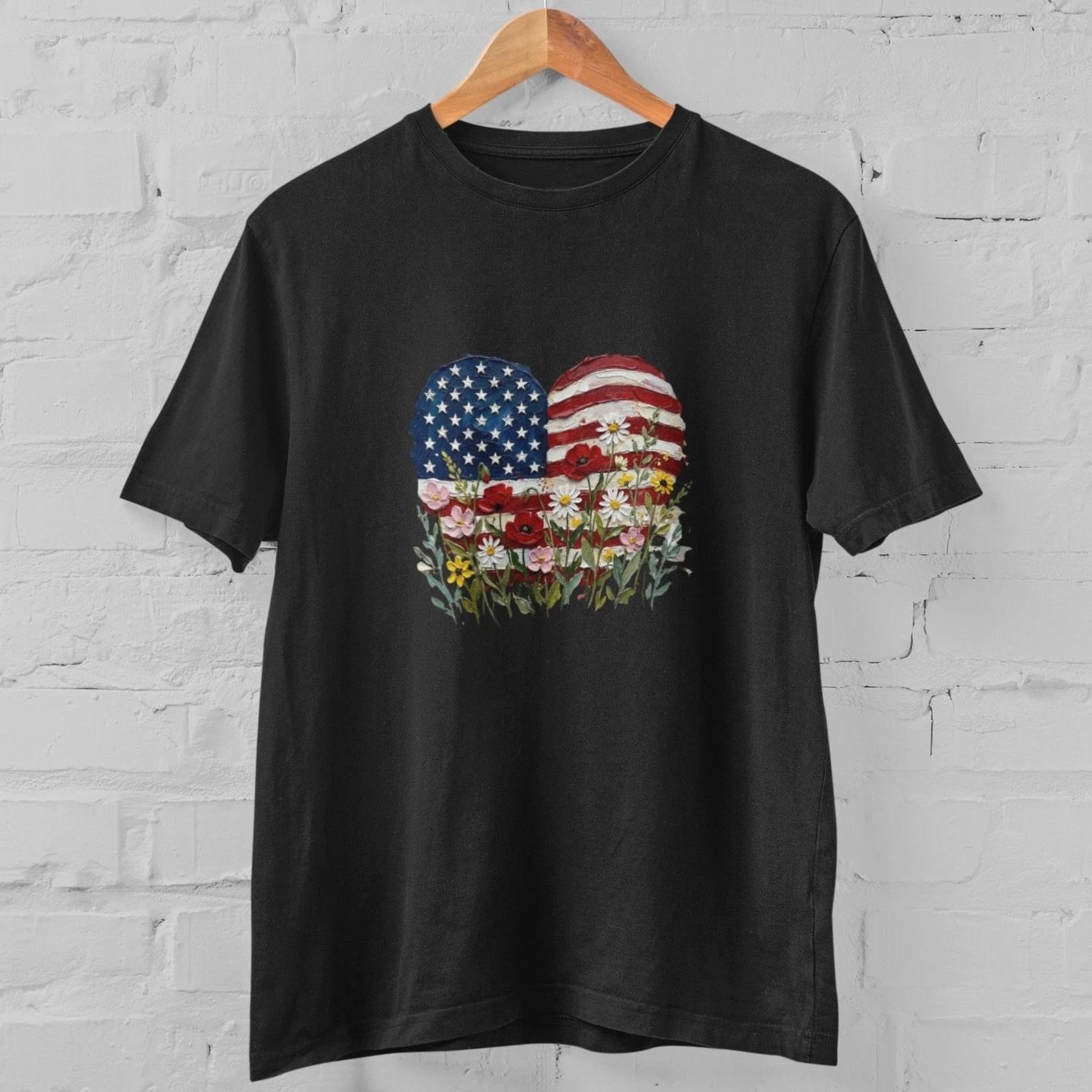 Patriotic USA Flag Heart Floral T Shirt American Pride Wildflower Tee Gift XXXXL