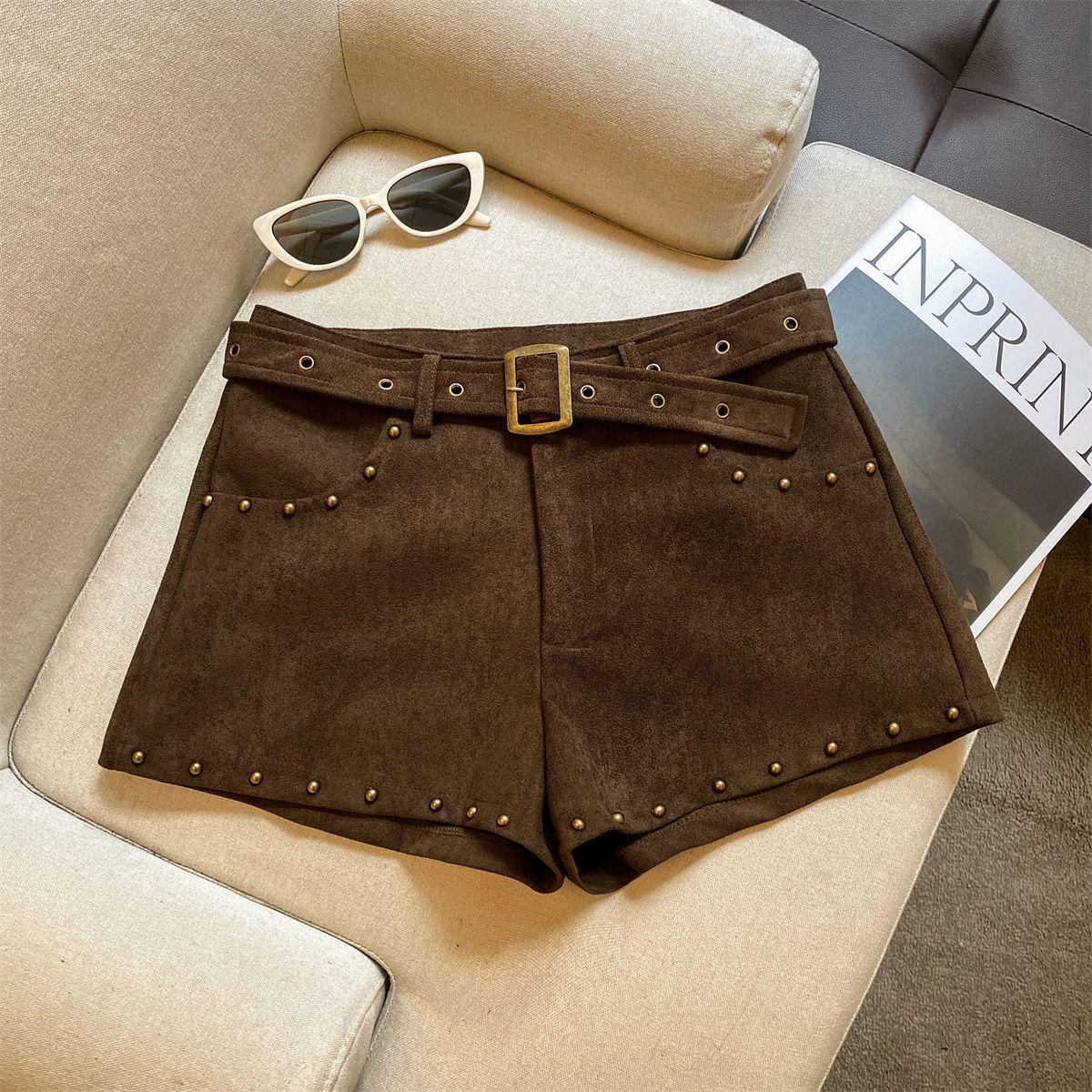 2025 Retro American Autumn Suede Rivet Low-Waist Slimming Spicy Girl Shorts Large: 110-125 lbs