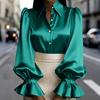 Long Sleeve Button Down Satin Blouse for Women Classic Collar Puff Sleeve Shirt with Ruffle Cuffs Office Wear Top