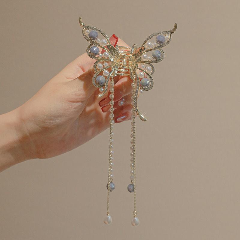 New Butterfly Pearl Tassel Hairpin Women Korean Elegant Metal Chain Side Clip Shark Hairpin Headwear Hair Accessories