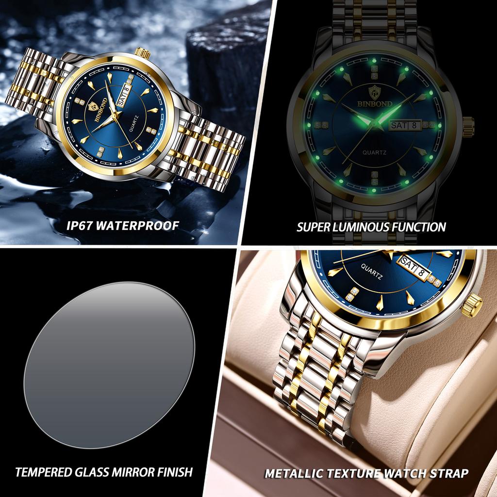 BINBOND Orginal Brand Luxury Quartz Wristwatches For Men Luminous Waterproof Week Display Auto Date Men's Watch Casual Reloj