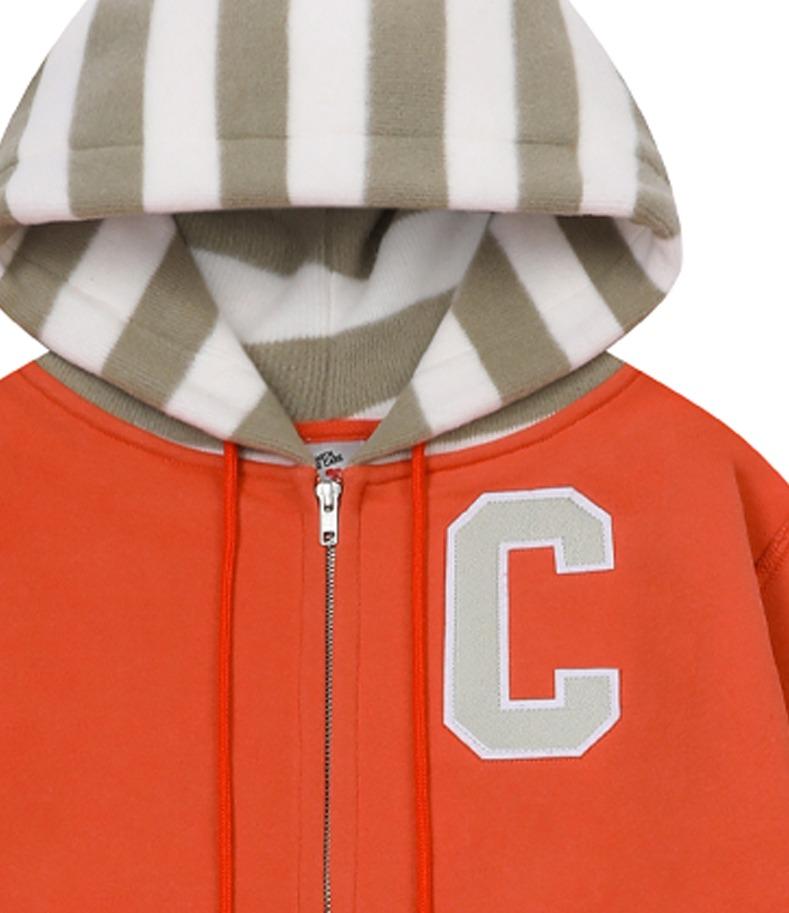 Chancechance Striped-Hood Zip-Up Hoodie (Orange/ Brushed)