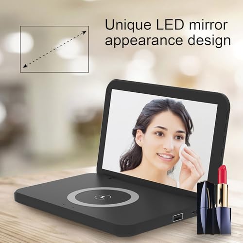 Réveil numérique à chargement sans fil confortable, horloge électronique miroir LED avec couvercle rabattable, charge rapide 15W, luminosité réglable, pour chambre à coucher (Bl