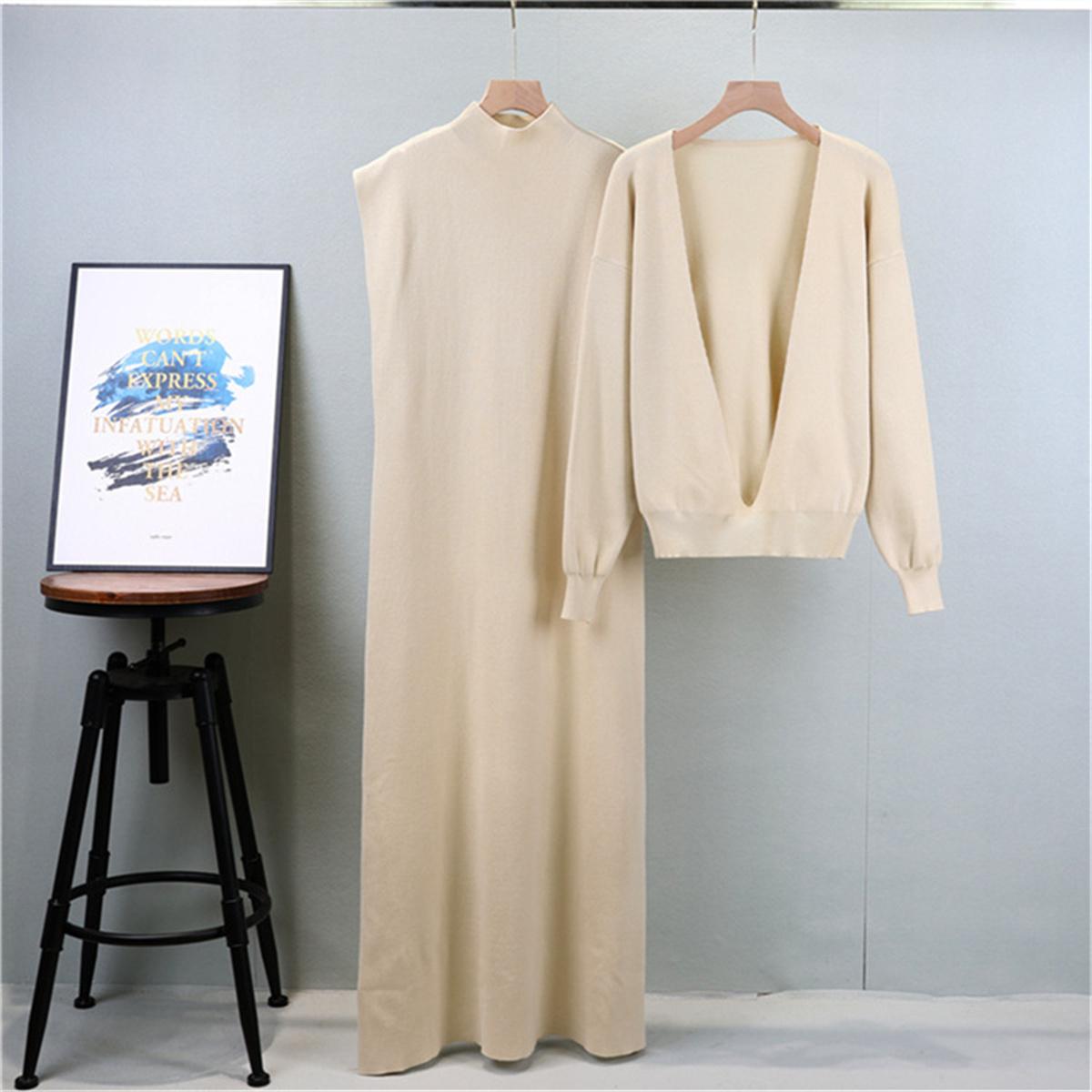 

Fashionable Women s Spring And Autumn Sleeveless Knitted Long Dress Suit Paired With Long Sleeved Deep V Neck Suit Two Piece Shirt OneSize абрикосовий