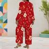 Women Plus Size Red Floral Printed Round Neck Long Sleeve Layered Top Wide Leg Cropped Pants Two Piece Set