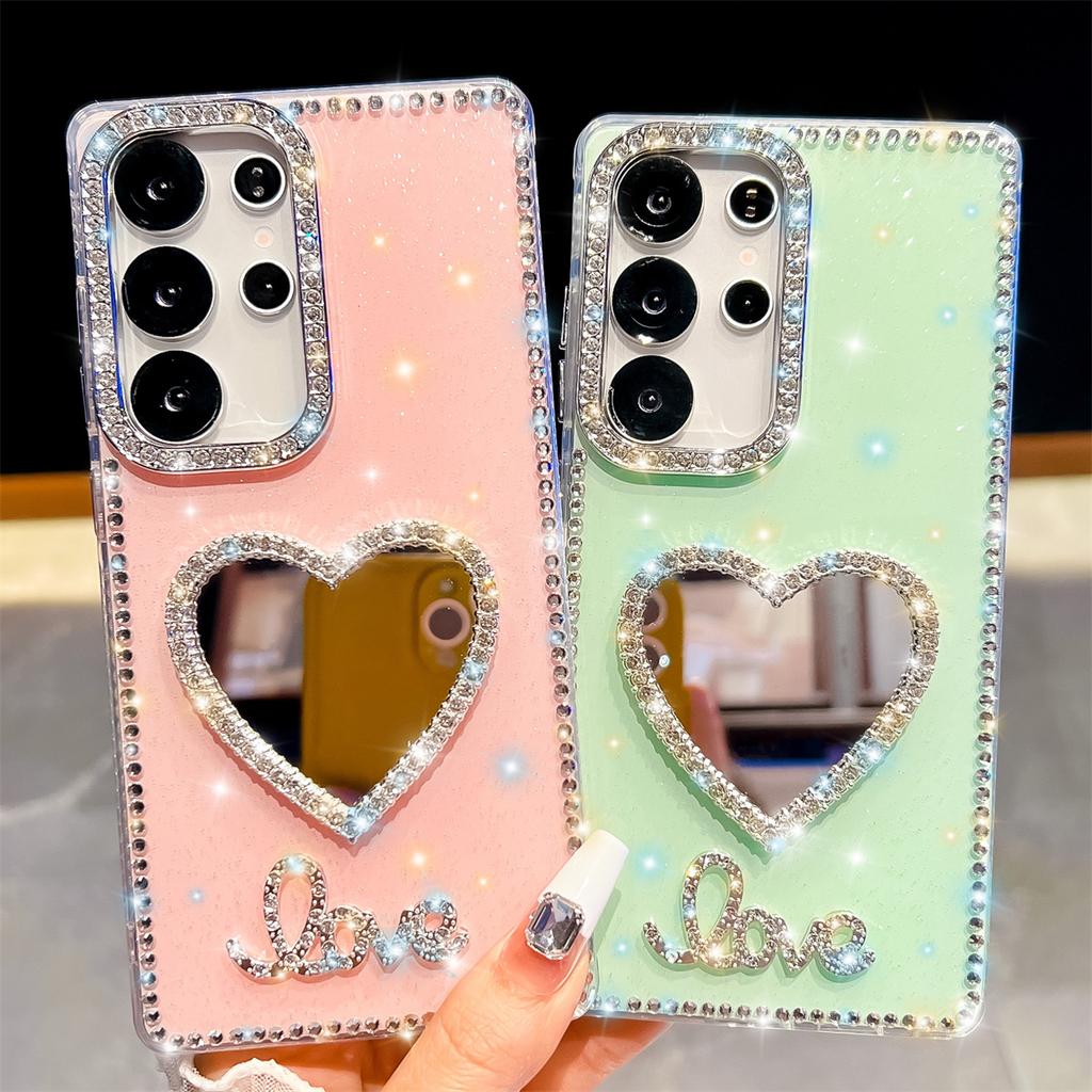 Handmade Sparkly Diamond Heart Mirror IMD Phone Case, Compatible with Samsung S23 Ultra/S24/S25 & A07/A15/A16/A17/A26/A35/A36/A55/A56