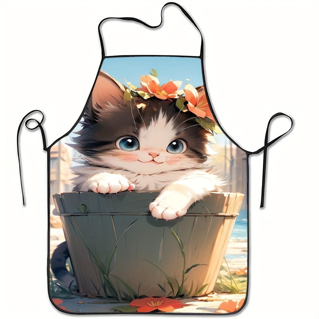 1pc Cat with Flower Sitting in Bucket Apron, Gift for Friends, Great Home Companion, Essential for Kitchen Baking, Suitable for Indoor and Outdoor Use