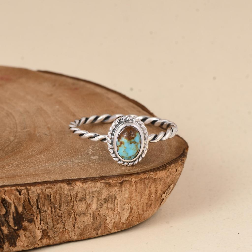 Artisan Handcrafted Kingman Turquoise Solitaire – Oxidized Silver Rope Band Ring – December Birthstone