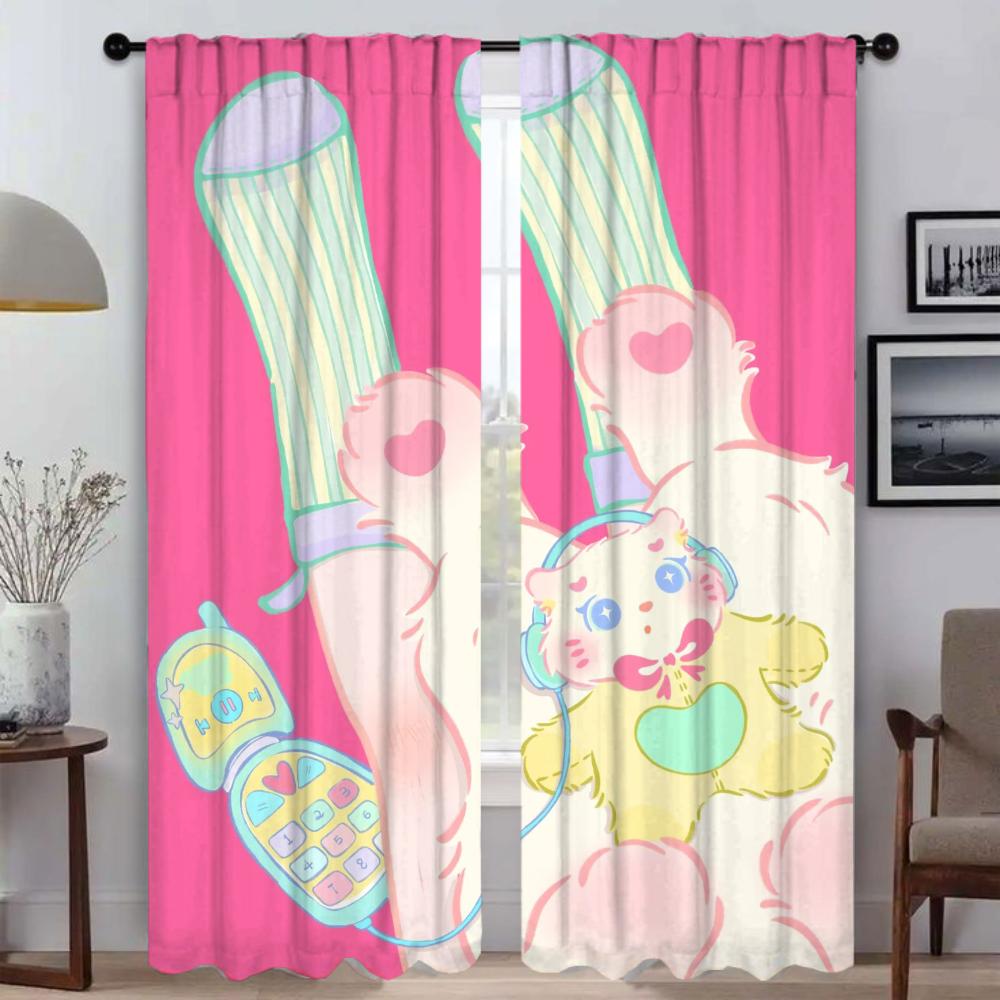 Pink Cat Shades Curtains Child Room Tulle for Bedroom Blackout Curtain Home Interior Curtains 2 Pieces Partition Living Kitchen