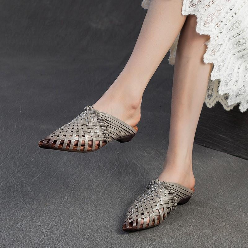 Johnature Ručně vyráběné tkaní Pantofle se špičatou špičkou na nízkém podpatku Prodyšná móda Dámská obuv z pravé kůže