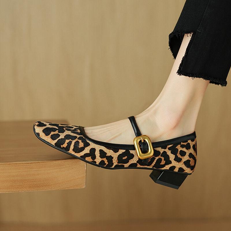 Mode NEU Frühling/Herbst Damen Pumps Eckige Zehenpartie Blockabsatz Schuhe Pferdehaar Leopard Schuhe für Damen Prägnante Hohe Absätze Schnalle Mary Janes