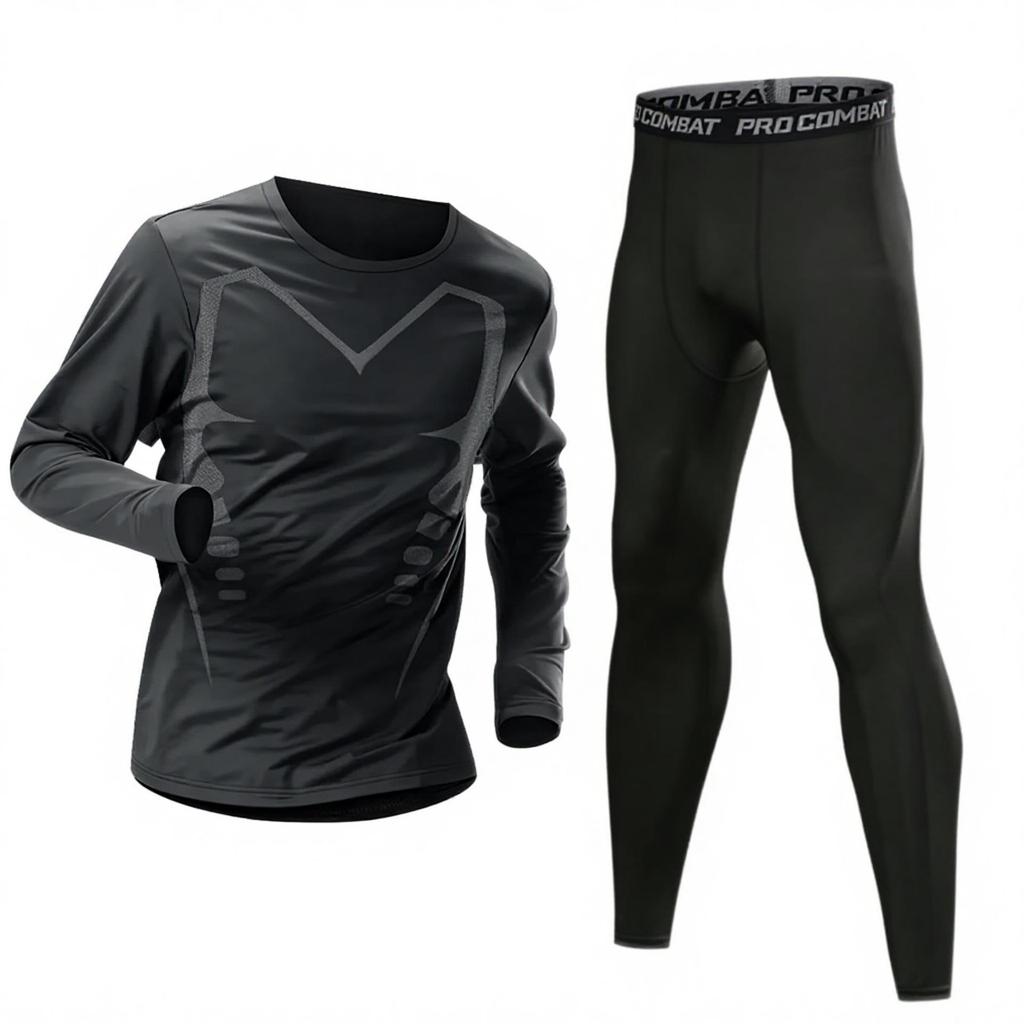 Men's Quick-Dry Fleece-Lined Sports Set - Breathable Long Sleeve Fitness Wear and Running Tights.