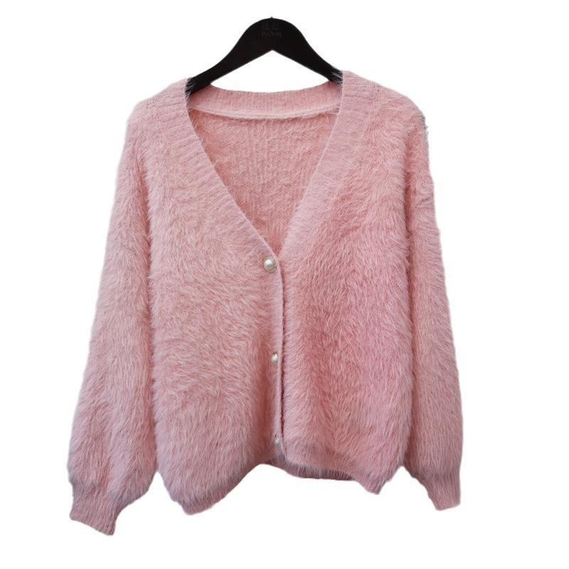 Solid color imitation mink velvet knitted cardigan autumn and winter new loose soft waxy high-end sweater jacket women