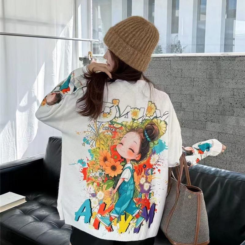 Korean Style Cartoon Print Rhinestone Round Neck Long Sleeve Pullover Sweater for Women - Cute Loose Autumn Winter Knitwear