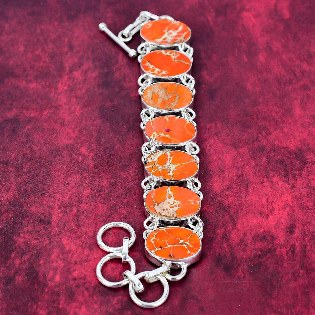 Orange Sea Sediment 925 Solid Sterling Silver Bracelet with Adjustable Chain, Handmade Gemstone Jewelry Bracelet For Memorial Day