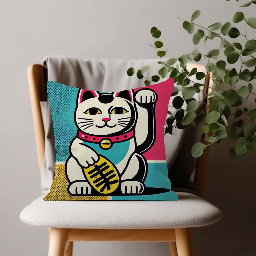 Lucky Cat Japanese Manekineko Pillow Case Sofa Living Room Bedroom Doublesided Printing Square Cushion Nap Time Pillow Case