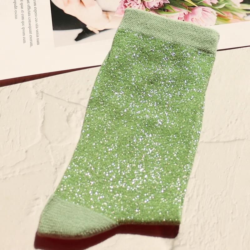 Fashion women's shiny solid color high quality combed cotton socks gold and silver thread soft and comfortable woman socks