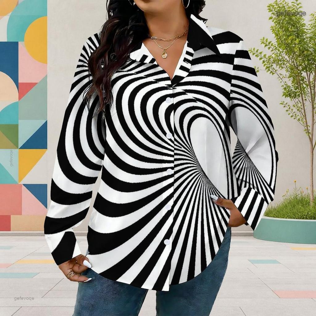 Women Plus Size Collared Neck Long Sleeve Black White Printed Button Front Curved Hem Shirt
