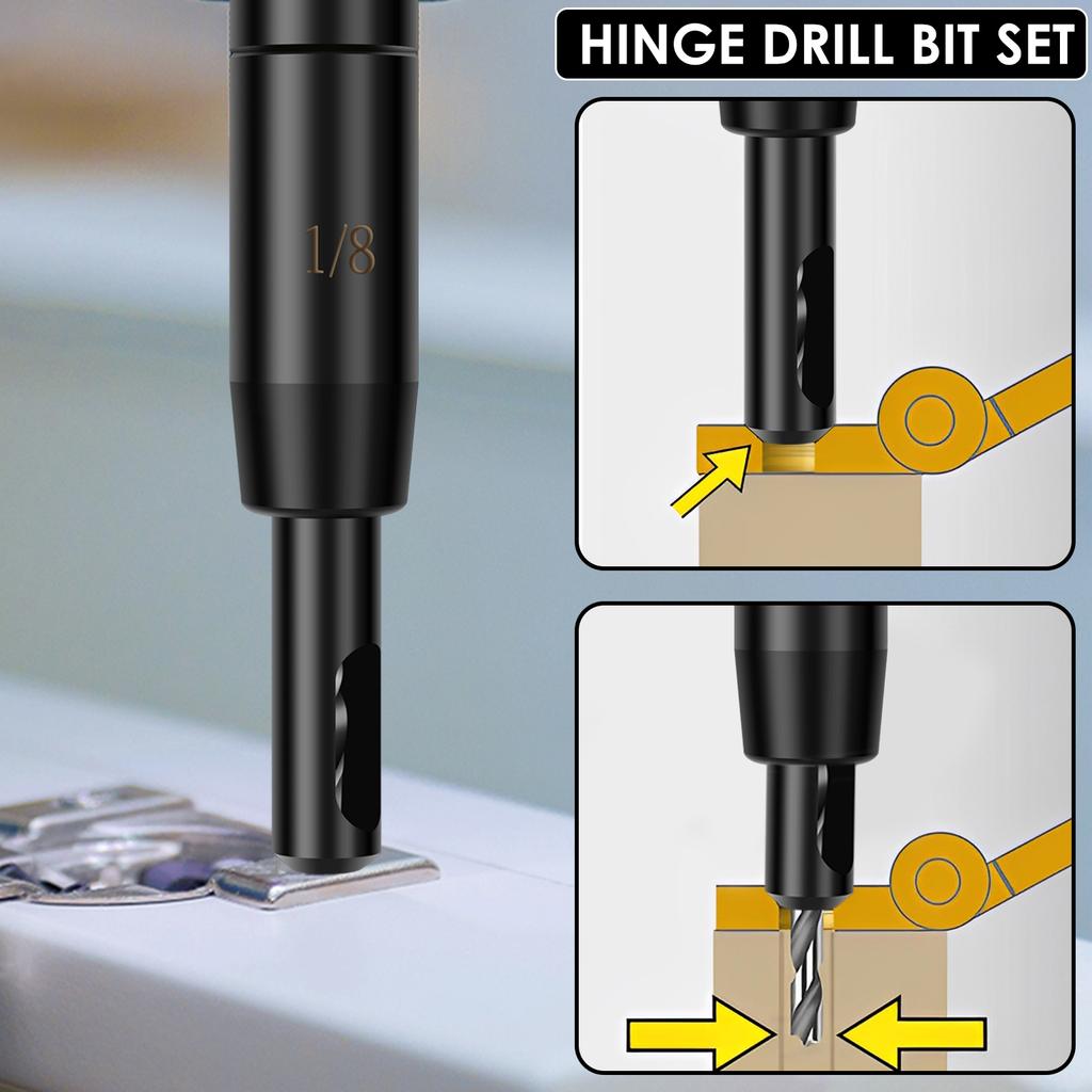 Self Centering Hinge Drill Bit Set with 10 Twist Drill Bits 1/4” Quick Change Hinge Center Drill Bits Hex Key for Woodworking