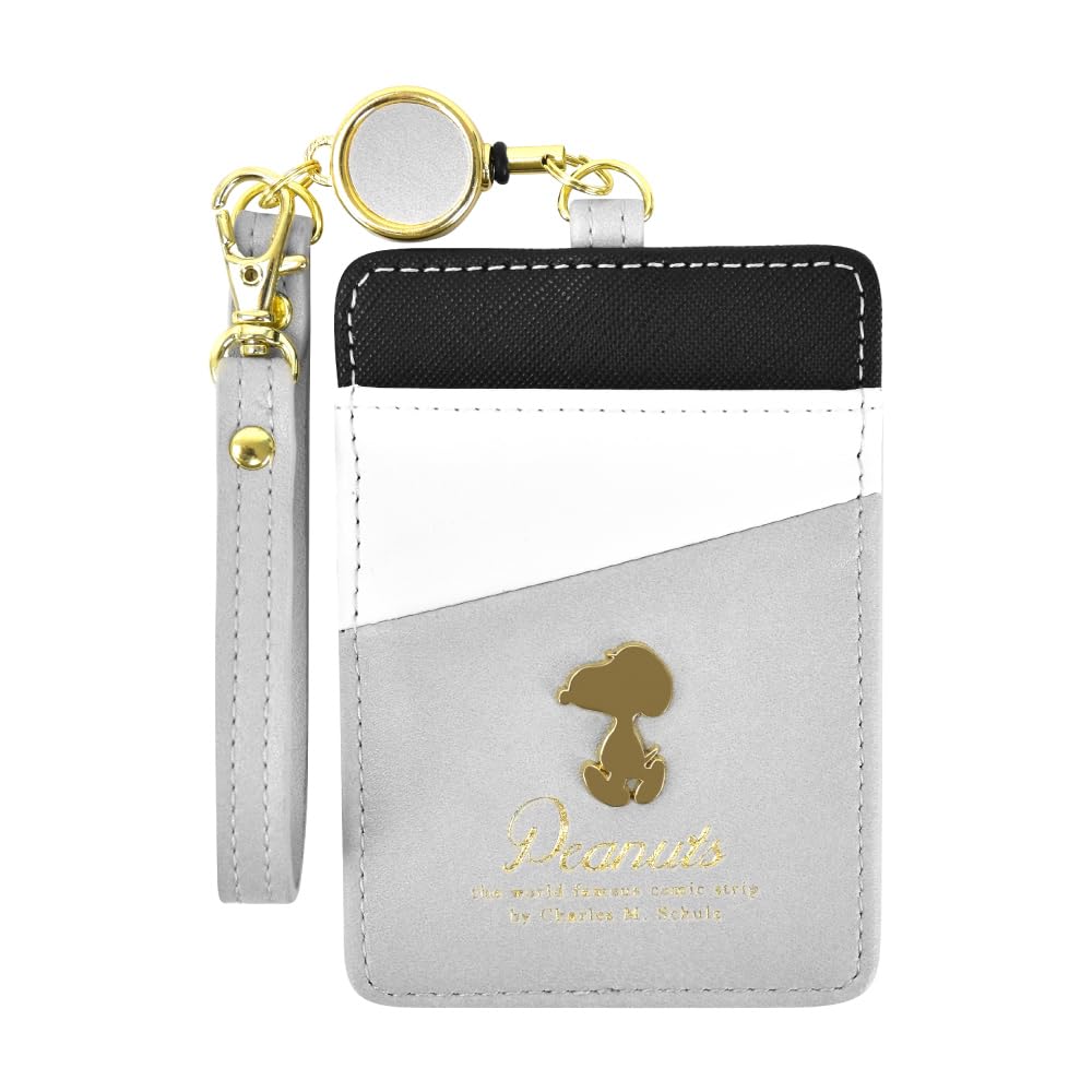 

Pass Case Pass Case Card Case with Reel Bicolor Simple Commuting to School Women Men Adults Students Children Cute Character 0371 [Snoopy] Gray/Black