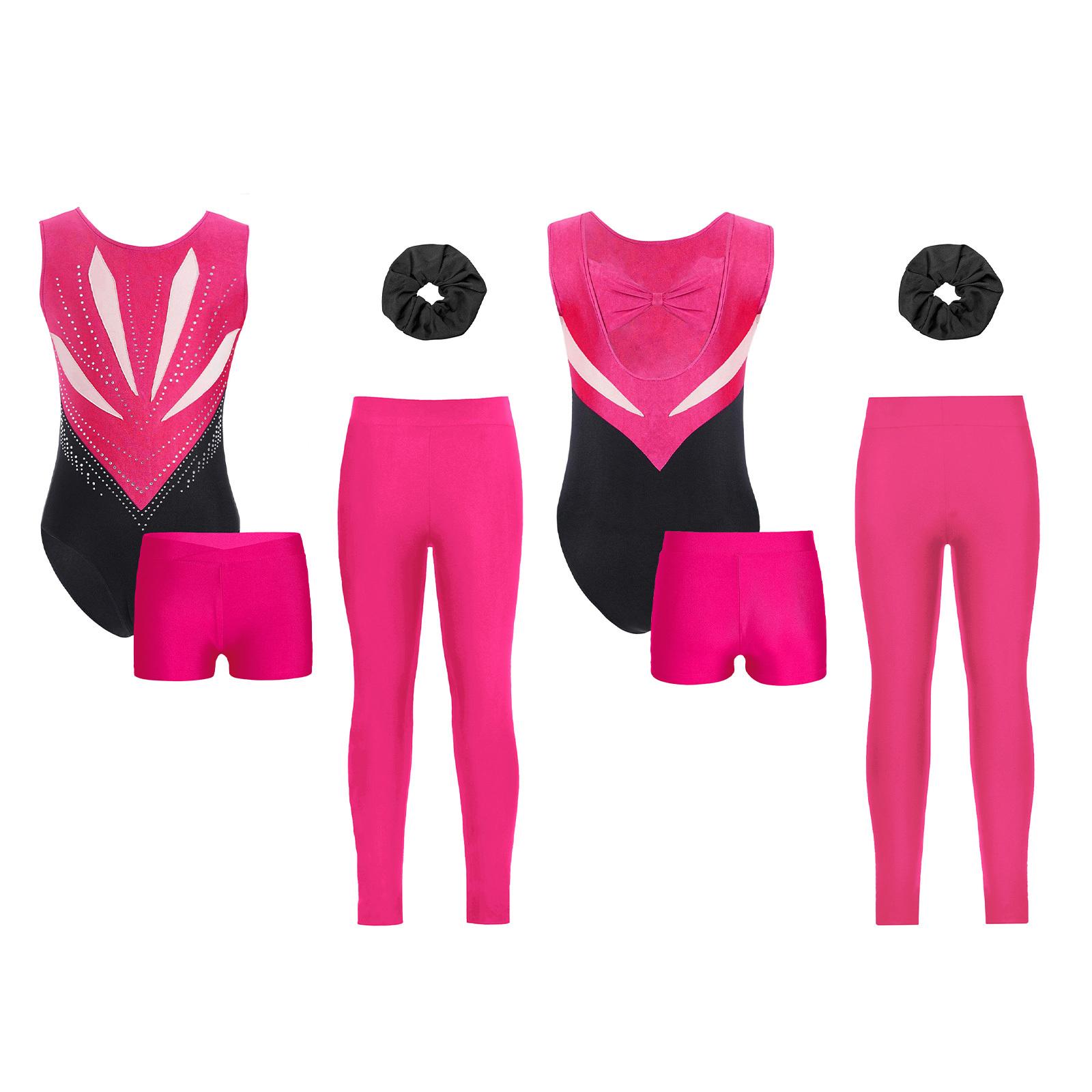 

Комплект из 4 предметов для девочек, гимнастический костюм без рукавов с вырезом на спине и бантиком, леотард в стиле пэчворк с цветными блоками, украшенный блестящими стразами, шорты, леггинсы, повязка на голову