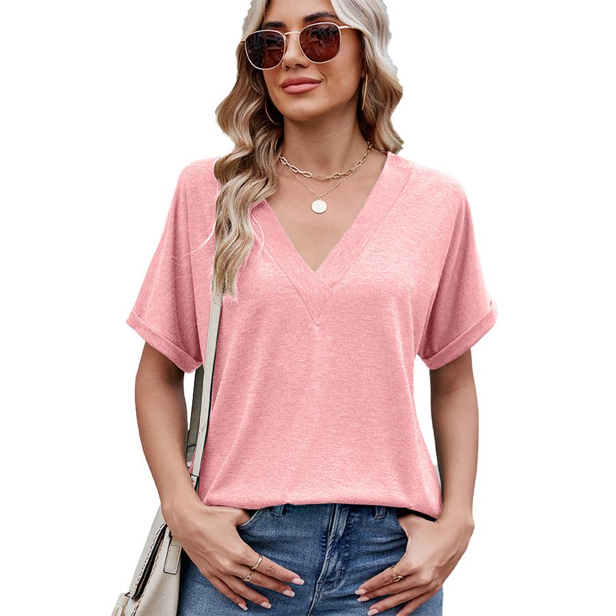 Women's Spring Summer New Arrivals Solid V-Neck Loose Short Sleeve T-Shirt Top