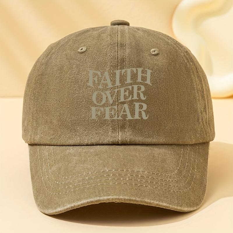 FAITH OVER FEAR Letter Printed Washed Baseball Cap  Outdoor Adjustable Mens Baseball Cap Vintage Style Polyester Fabric