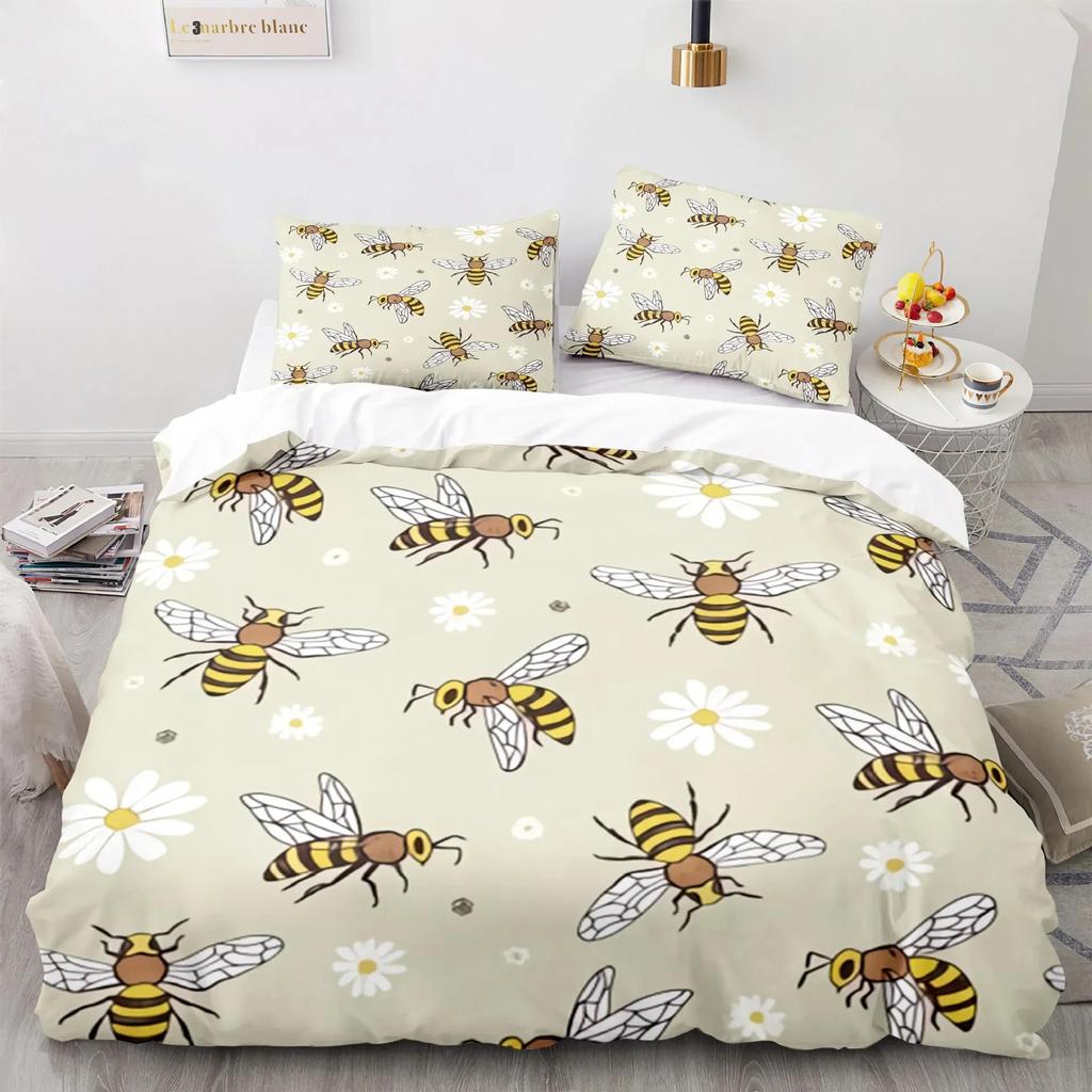 Honey Bee Duvet Cover Set, Black White Printing Bedding Set, Twin/Full/Queen/King Size Crown Quilt Cover for Girls Boys